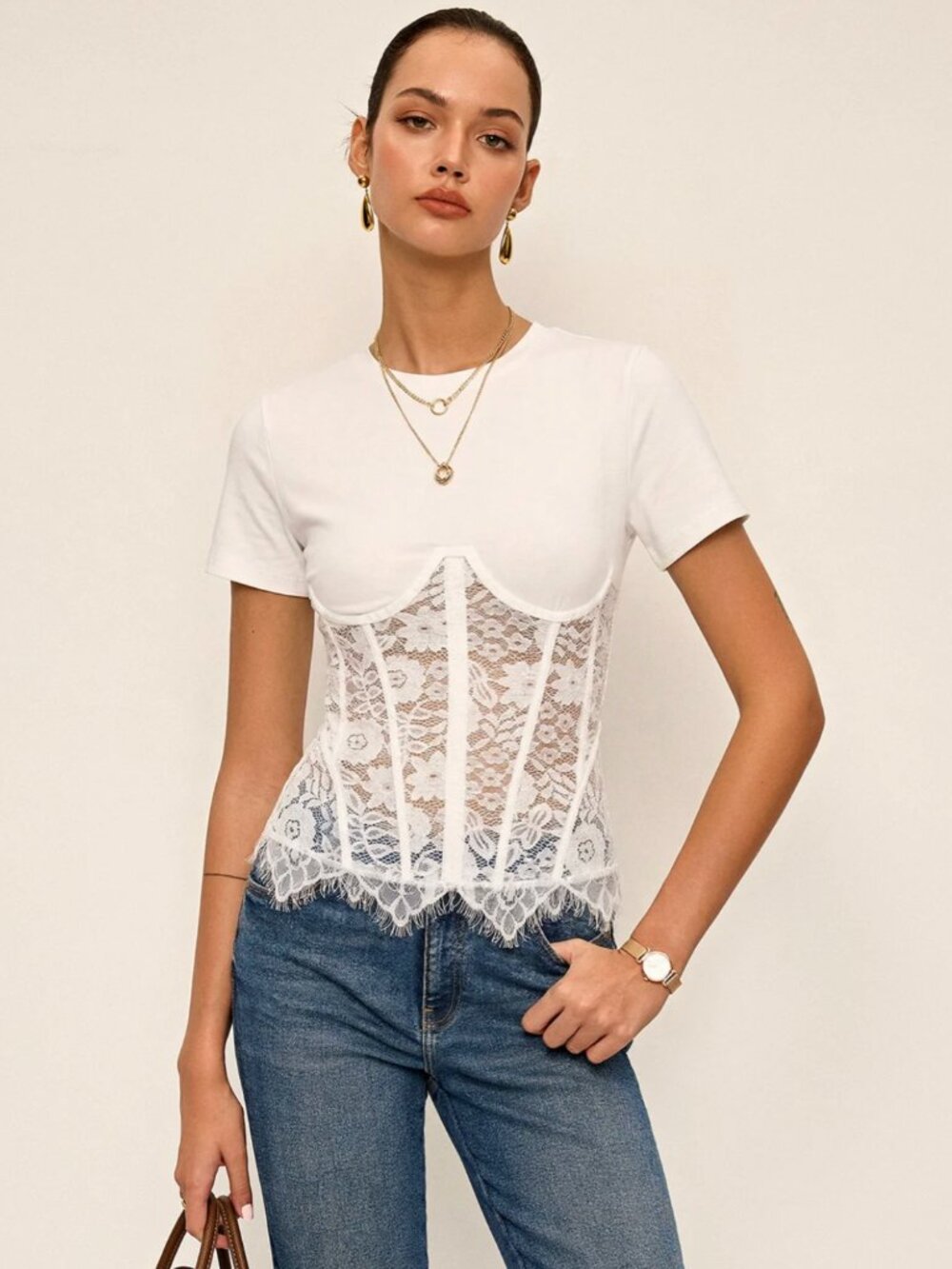 NEW Commense Lace Corset Short Sleeve T-Shirt - Small